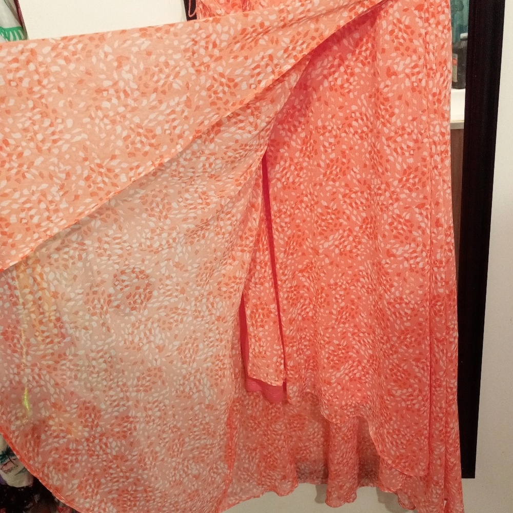 🧁B2G1🧁 DKNY Coral High Low Faux-Wrap Dress with Tie - Picture 6 of 13